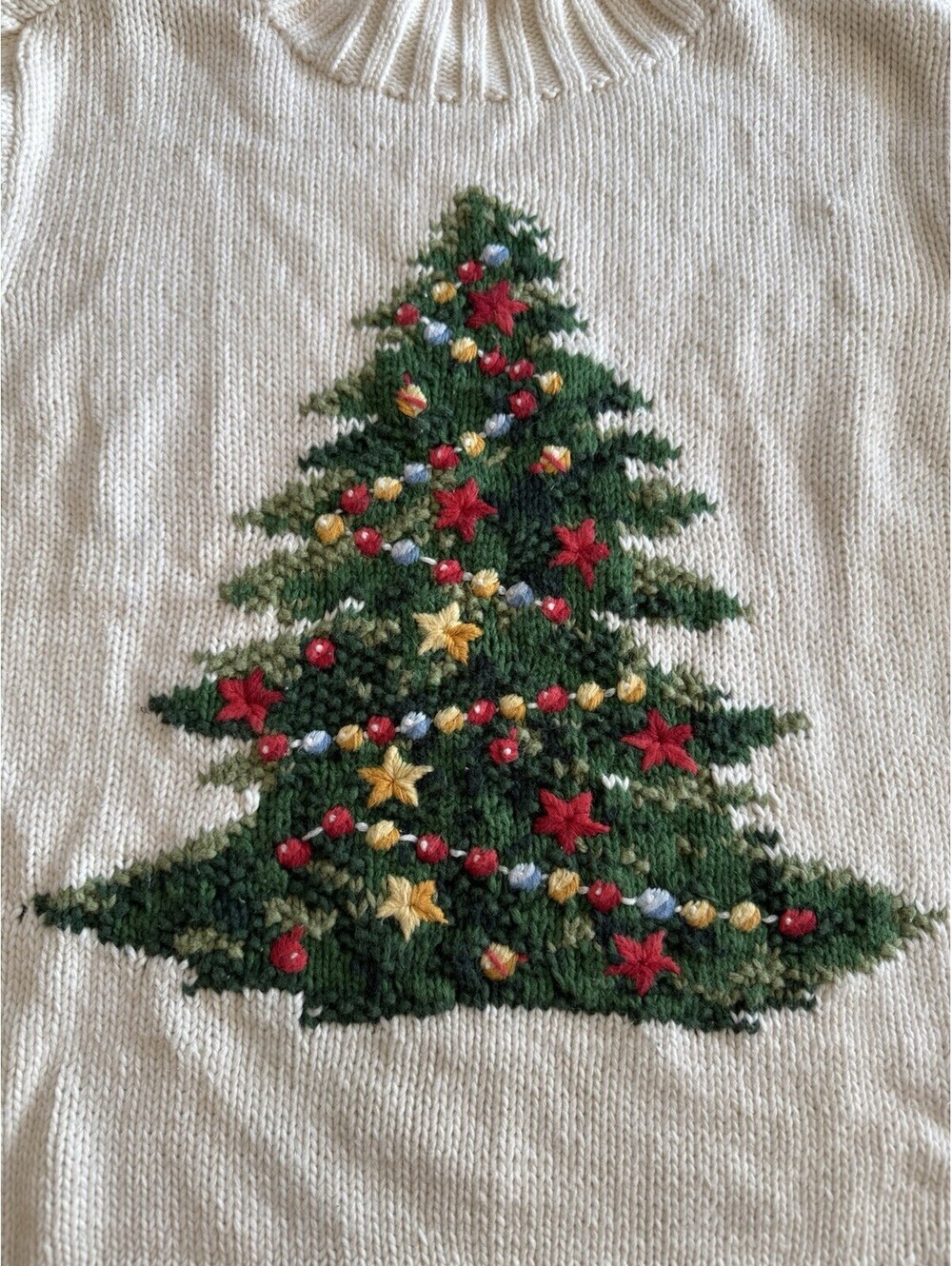 Vintage 1990s Liz Claiborne Christmas Tree Sweater Ivory Mock Neck Large - Picture 3 of 8